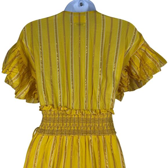Saylor Adrianne Yellow Stripe Short Sleeve Smocked Mini Dress Women's Small Boho - Picture 8 of 14